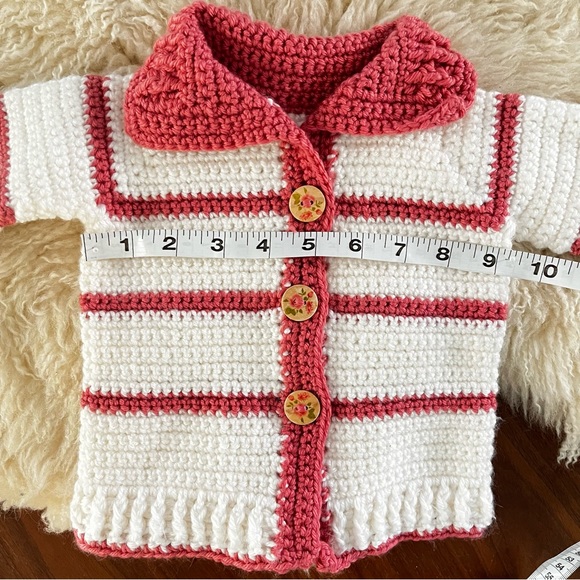 Handmade Striped Baby Girl Crocheted Button Up Sweater 3-6 Months Grannycore New - Picture 5 of 9